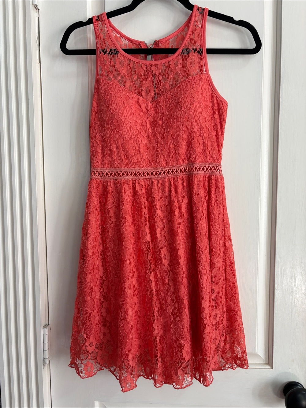 Coral Lace Midi Dress with Waist Detail
